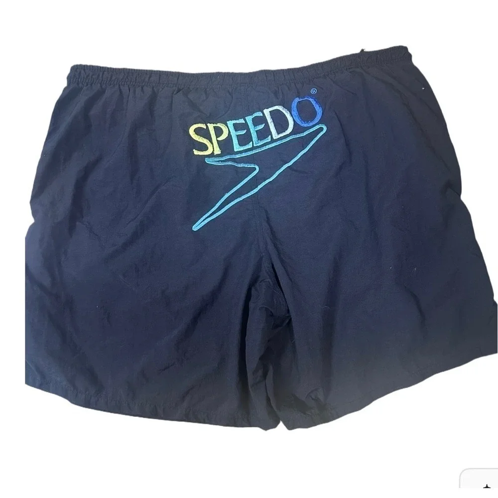 Vintage Speedo SPELLOUT Swim Trunks Mens Size XL Black Blue Pockets Drawstring